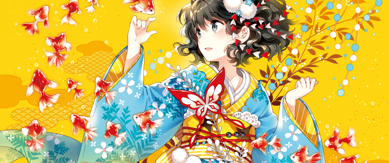 Anime girl, Underwater, Fishes, Dream, Yellow background