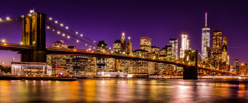 Brooklyn Bridge, Night time, New York City, Skyline, Cityscape, City lights, Waterfront, Reflection, Skyscrapers, Purple sky, Sunset, Long exposure, 5K