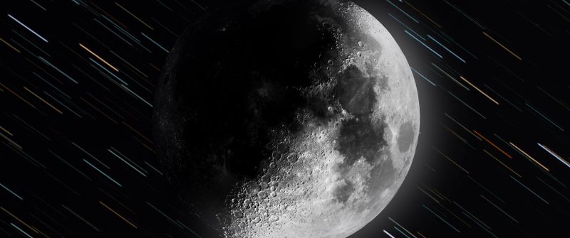 Moon, Monochrome, Dark background, Star Trails, 5K, 8K, Black and White