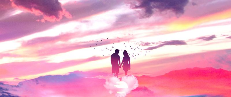 Couple, Surreal, Lovers, Above clouds, Dream, Romantic, Together, Pink, 5K