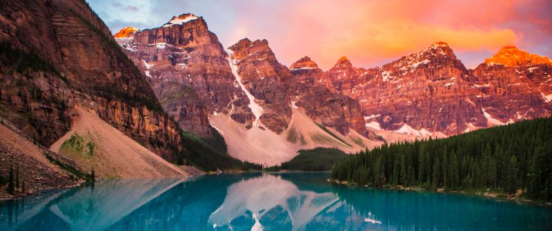 Moraine Lake, Sunset, Rocky Mountains, Banff National Park, Landscape, Reflection, Scenery, Alberta, Canada, Evening sky, 5K