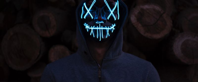 Man, LED mask, Anonymous, Dark background