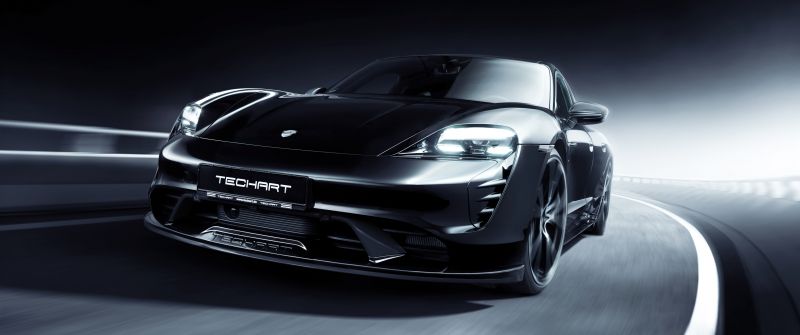 TechArt Porsche Taycan Aerokit, Carbon Fiber, Black cars, Dark background, 2021