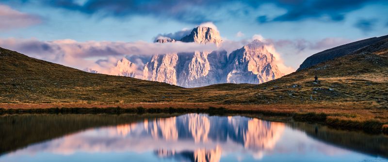 Lago delle Baste, Lake, Mountains, Landscape, Reflection, Italy, Clouds, Panorama, 5K