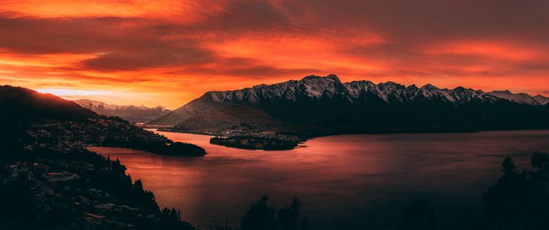 Queenstown, Landscape, New Zealand, Mountain range, Snow covered, Early Morning, Orange sky, Sunrise, Body of Water, Scenery, 5K
