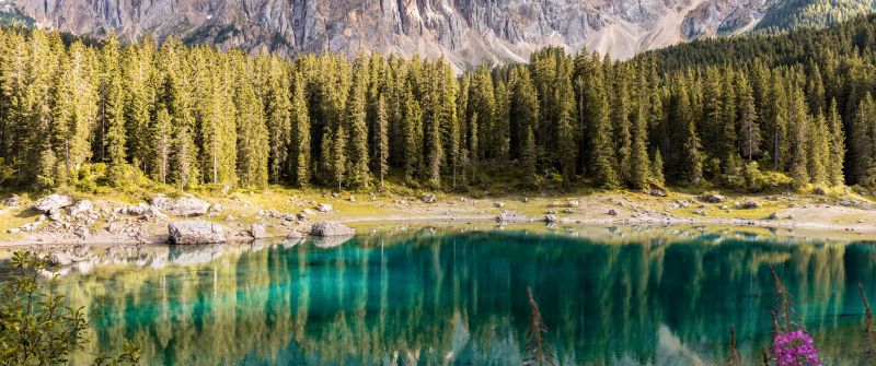 Lake Carezza, Italy, Mirror Lake, Mountain range, Landscape, Scenery, Pine trees, 5K