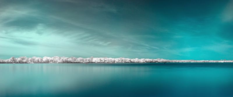 Infrared vision, Panorama, Surreal, Body of Water, Coast, Blue background, 5K, 8K