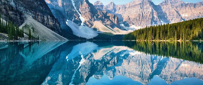 Moraine Lake, Scenery, Canada, Pine trees, Landscape, Reflection, Mountain range, Turquoise water, Daytime, 5K