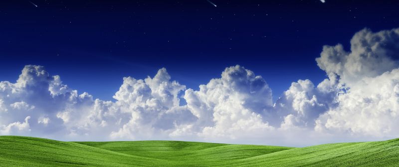 Landscape, Clouds, Falling stars, Blue Sky, Scenery, Green Grass, Starry sky, Summer, Scenic, Panorama, 5K, 8K, Shooting stars