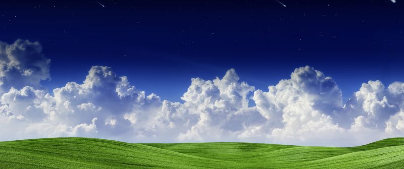 Falling stars, Landscape, Clouds, Green Grass, Starry sky, Blue Sky, Scenery, Summer, Scenic, Panorama, 5K, 8K, Shooting stars