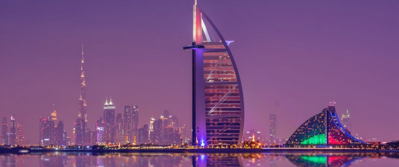 Burj Al Arab, Luxury Hotel, Cityscape, Low Angle Photography, Night lights, Waterfront, Reflection, Purple sky, Skyscrapers, 5K