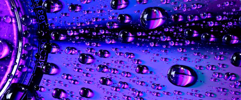 Water droplets, Macro, Purple light, Closeup, CD, Vivid, Bright, 5K