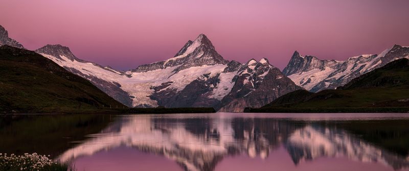 Bachalpsee Lake, Switzerland, Swiss Alps, Pink sky, Snow covered, Mountain View, Reflection, Sunset, Dusk, 5K, 8K