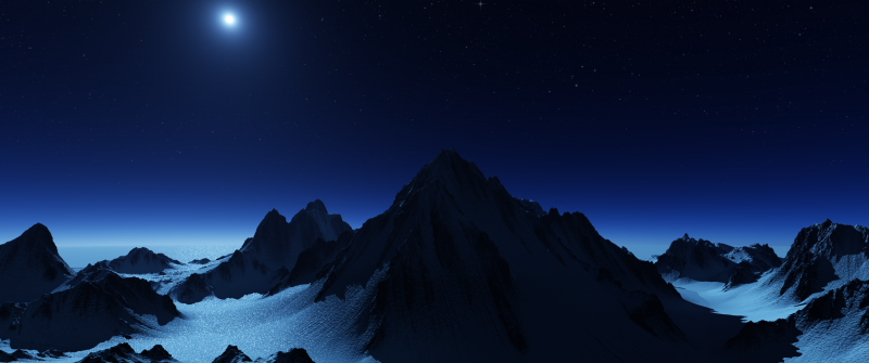Antarctica, Mountain range, Glacier, Snow covered, Night sky, Moon light, Stars, Landscape, Scenery