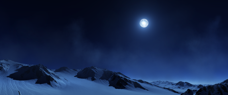 Full moon, Night sky, Snow covered, Foggy, Landscape, Twilight