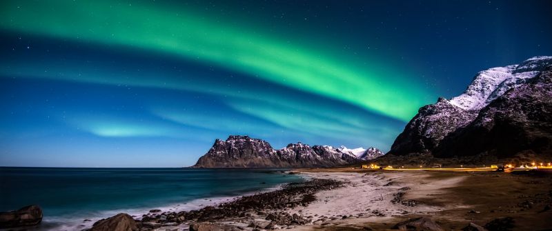Lofoten islands, Norway, Aurora Borealis, Northern Lights, Glacier mountains, Snow covered, Rocky coast, Ocean, Beach, Horizon, Starry sky, Night time, Landscape