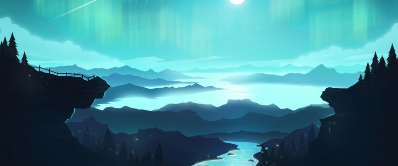 Aurora Borealis, Moon, River, Digital Art, Mountains, Star Trails, Landscape, Scenery