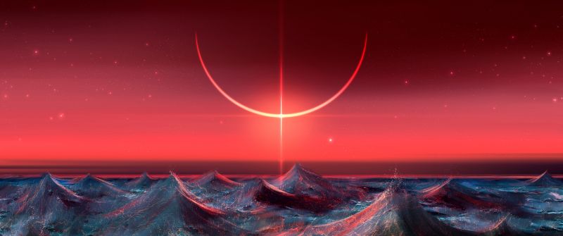 Ocean, Speed paint, Digital Art, Eclipse, Red background, Waves, Pattern
