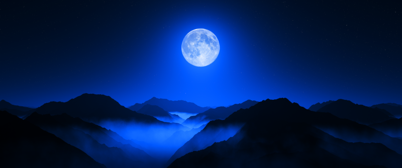 Twilight Moon, Valley, Mountain range, Night sky, Foggy, Silhouette, Aerial view