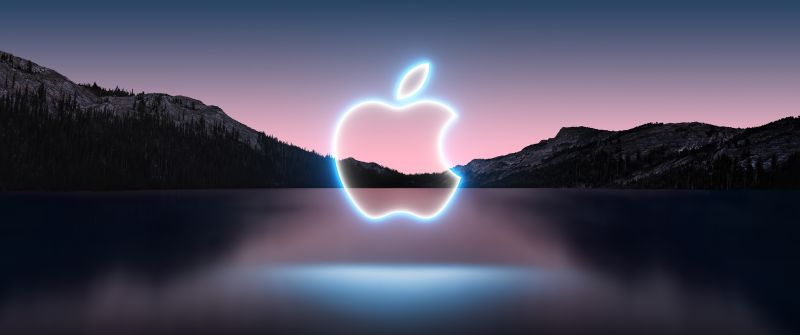 Apple logo, Glowing, Reflection, Lake, Mountains, Sunset, Dark, Landscape, Apple Event 2021