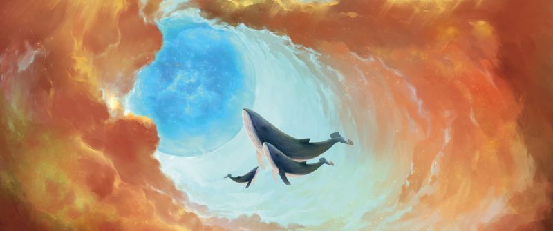 Whales, Baby whale, Mural, Artwork, Surreal