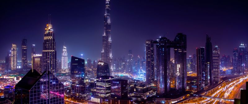 Burj Khalifa, Dubai City Skyline, Skyscrapers, Cityscape, Night time, City lights, Highway junction, 5K