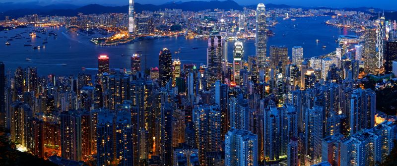 Victoria Peak, Hong Kong City Skyline, Victoria Harbour, Dusk, Blue hour, Cityscape, Skyscrapers, Aerial view, Long exposure, Night time, City lights, 5K
