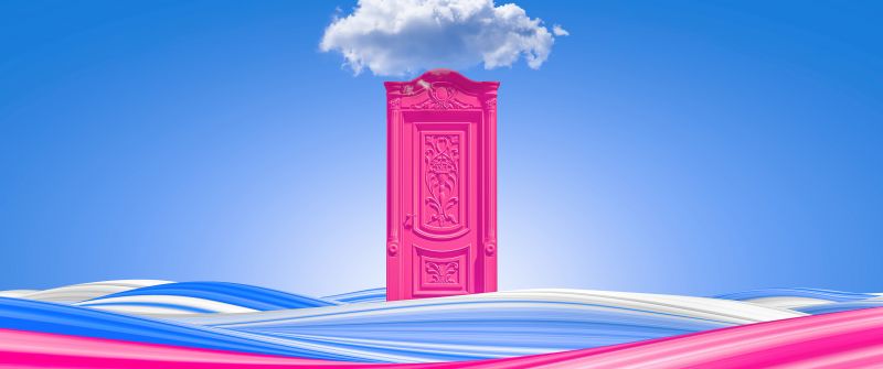 Pink door, Clouds, Waves, Colorful, Blue Sky, Bliss, Surreal