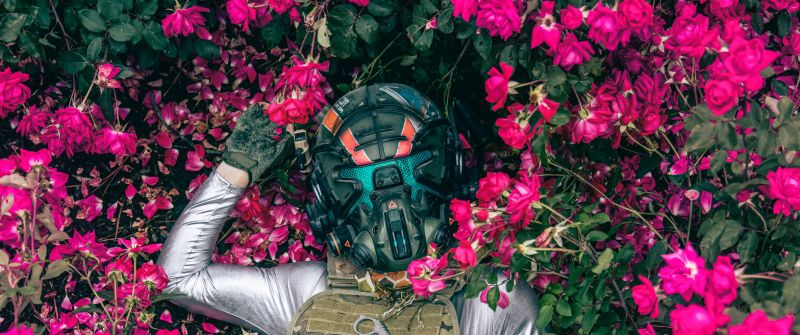 Suit, Mask, Armor, Extinction, Pink flowers, Floral, Lying down, Aerial view, 5K