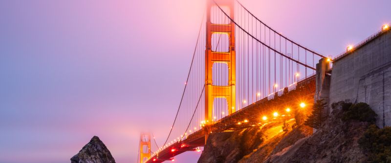 Golden Gate Bridge, San Francisco, Sunset, Lights, California, Pink sky, Foggy