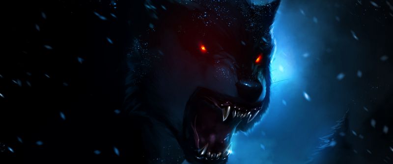 Black Wolf, Red eyes, Snowfall, Dark background, Night time, Hunter, Wild animal, Digital composition