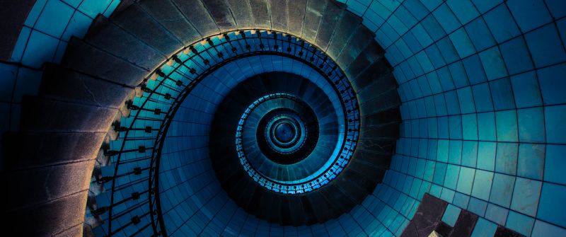 Spiral staircase, Île Vierge, France, Lighthouse, Steps, Look up, Pattern, Blue