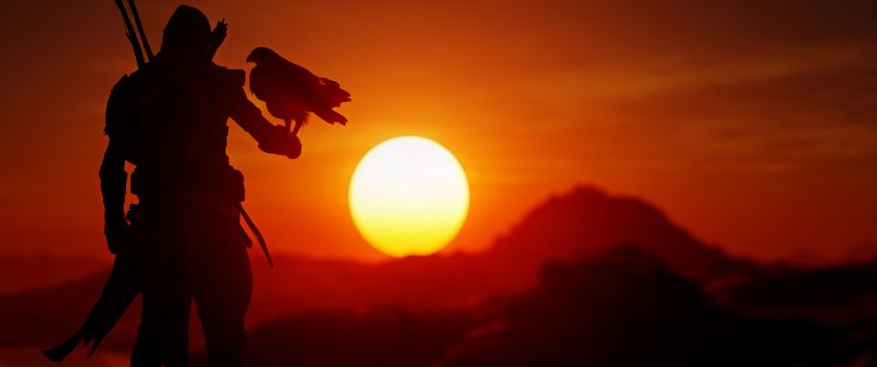 Assassin's Creed Origins, Sunset, Silhouette, Orange sky, Eagle, PlayStation 4 Xbox One, 2017 Games, PC Games, 5K