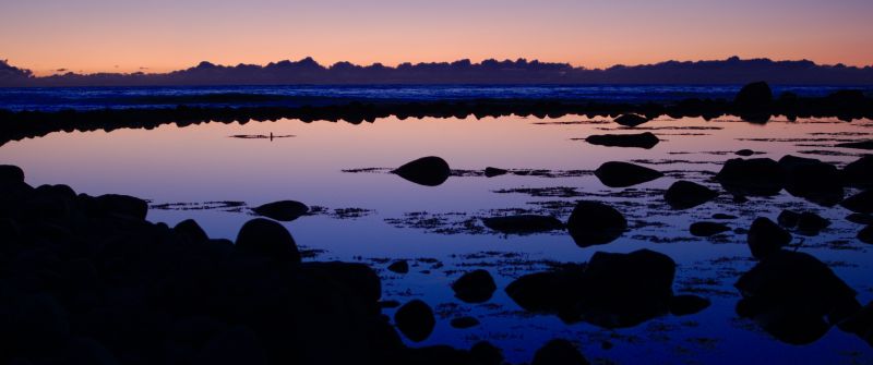 North Sea, Sunset, Dusk, Body of Water, Rocks, Reflection, Seascape, Clouds, 5K