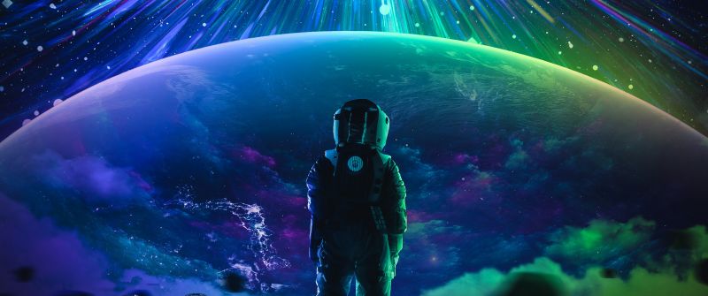 Astronaut, Wanderer, Space suit, Stars, Planet, Surreal, Cosmos, Universe