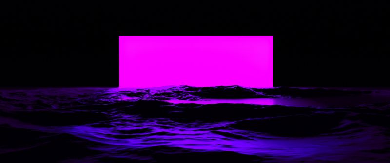 Pink light, Sea, Waves, 3D, Black background, Digital render, Illustration
