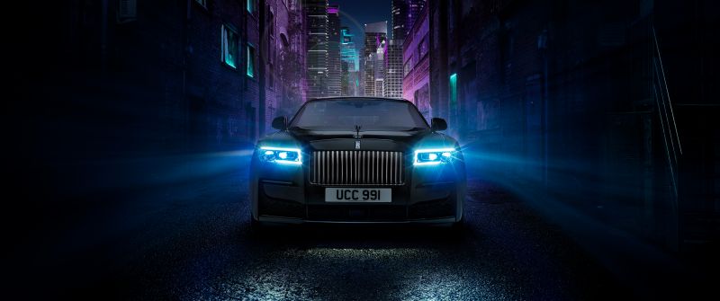 Rolls-Royce Ghost Black Badge, Dark aesthetic, 2021, Night, Car lights