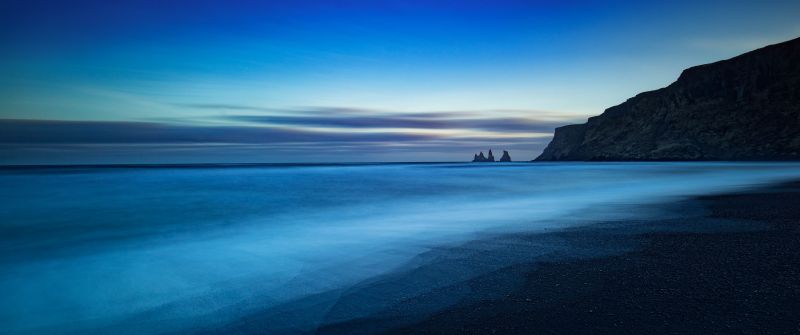 Reynisdrangar, Iceland, Beach, Sunset, Dusk, Long exposure, Horizon, Cliff, Blue Sky, Landscape, 5K, 8K