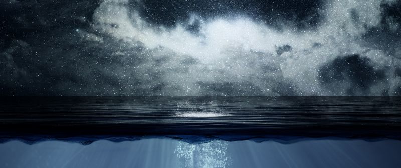 Underwater, Crescent Moon, Ocean Waves, Horizon, Illustration, Photo Manipulation, Deep, Cloudy Sky, Drowning