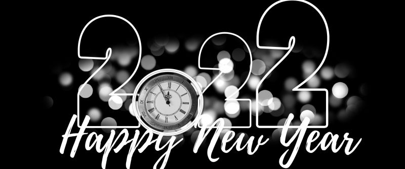 2022 New Year, New Year's Eve, Black background, Lights Bokeh, Monochrome, Happy New Year, 5K, Black and White