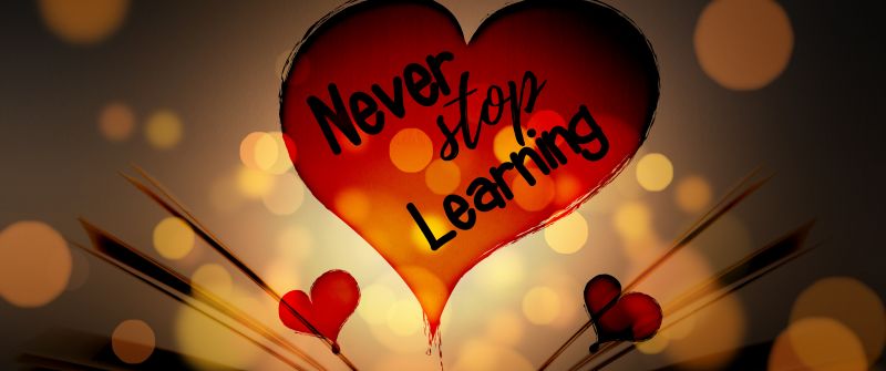 Never Stop Learning, Red hearts, Book, Love heart, Bokeh, 5K