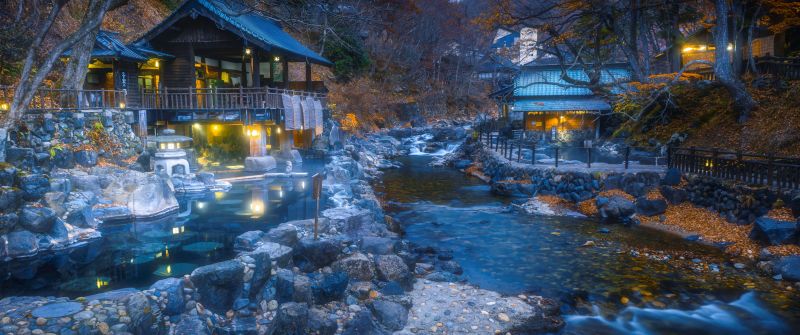 Hot Spring, Autumn, Dusk, Illuminated, Traditional, Outdoor, Takaragawa Onsen, Japan, 5K, 8K