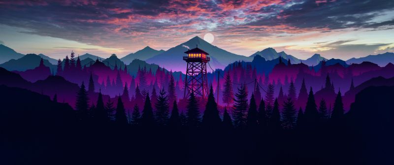 Firewatch, Mountains, Dusk, Sunset, Watchtower, Silhouette, Forest, Panorama