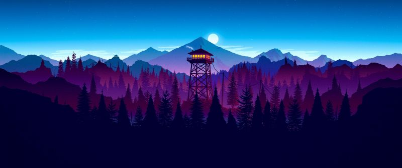 Firewatch, Panorama, Mountains, Clear sky, Blue Sky, Watchtower, Silhouette, Forest