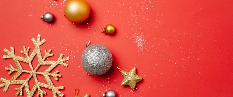 Christmas Baubles, Stars, Snowflake, Red background, Decor, Shiny, 5K, Navidad, Noel