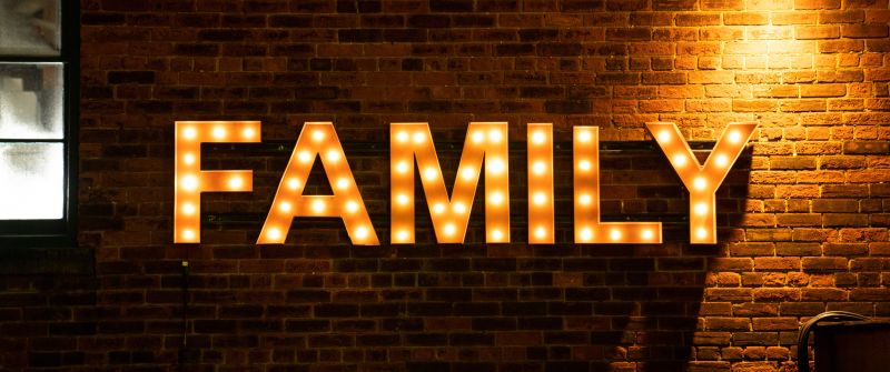 Family, Marquee Sign, Brick wall, Wall Decorations, Light Backgrounds, 5K, 8K