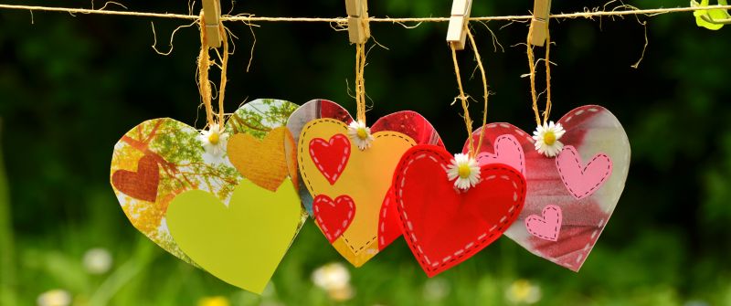 Hanging Hearts, Clothespin, Love Symbols, Red heart, Blur background, 5K