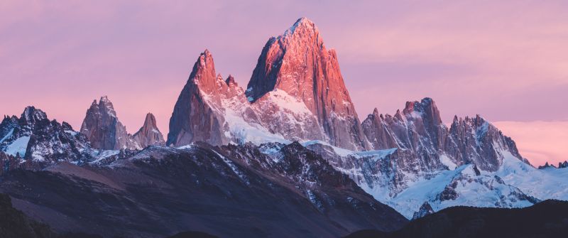 Mount Fitz Roy, Argentina, Sunrise, Alpenglow, Pink sky, Snow covered, Landscape, Mountain Peak, 5K
