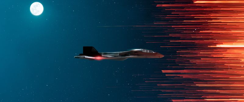 Fighter aircraft, Full moon, Outer space, Orange Teal, Night time, Stars, Outer space, Experiment, 5K