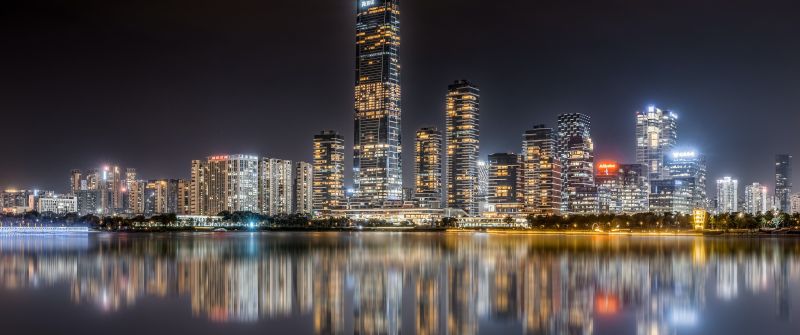 Shenzhen Bay, Hong Kong, City Skyline, Skyscrapers, Night time, Cityscape, City lights, Body of Water, Reflection, 5K